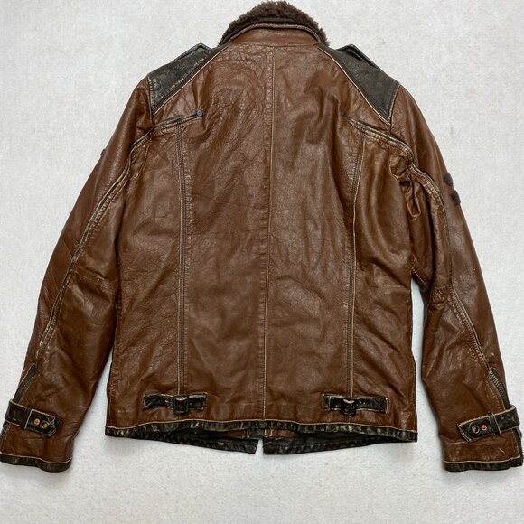 Vintage Energie Leather Jacket Mens M/L Brown Bomber Removable Fur Collar Coat - Picture 9 of 16